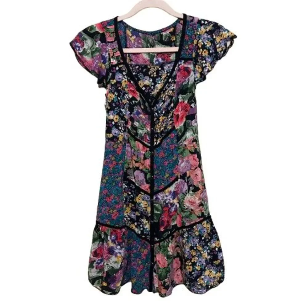 VTG Y2K Free People Floral Patchwork Mini Dress Snap Button Womens Small